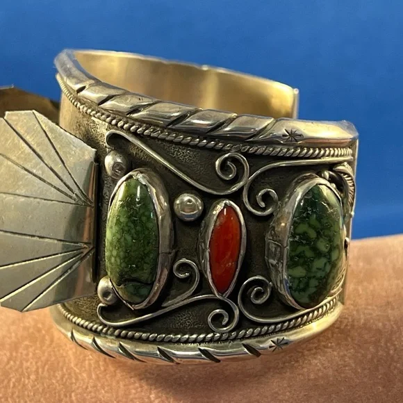 Men’s large Sterling , Coral and Turquoise cuff watch band